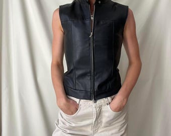 90s Women's Black Leather Vest | Vintage Style Cropped Biker Vest | Y2K Sleeveless Leather Jacket | Real Leather Zip-Up Waistcoat