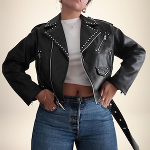 Studded Black Leather Moto Jacket: Cropped Punk Rock Biker
