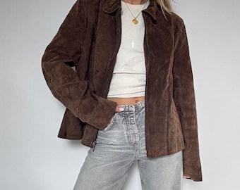 Vintage Brown Suede Leather Jacket Women | 70s Minimalist Zip Up Suede Coat | Retro Real Suede Jacket