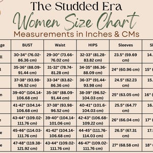 May include: A women's size chart from "The Studded Era", with measurements in inches and centimetres. It details bust, waist, hip, sleeve, and shoulder sizes, ranging from XXSmall to 3XLarge, for clothing.