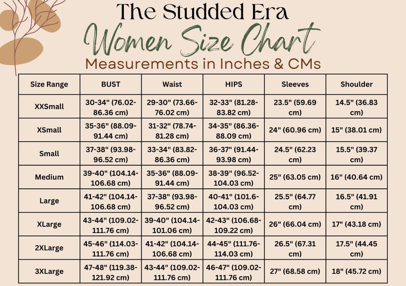 May include: A women's size chart from "The Studded Era", with measurements in inches and centimetres. It details bust, waist, hip, sleeve, and shoulder sizes, ranging from XXSmall to 3XLarge, for clothing.