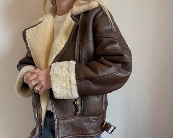 Brown Shearling Leather Jacket Women | 90s Real Sheepskin Aviator Jacket | Vintage Leather Bomber Jacket | Fur Lined Winter Leather Coat