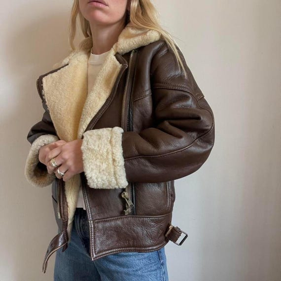 Brown Shearling Leather Jacket Women | 90s Real Sheepskin Aviator Jacket | Vintage Leather Bomber Jacket | Fur Lined Winter Leather Coat