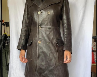 Vintage Brown Sheepskin Leather Trench Coat - 90s Double-Breasted Long Coat - Minimalist Leather Coat Women