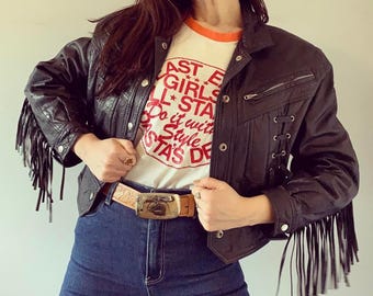 Women's Black Leather Fringe Jacket |  Vintage 70s Cropped Jacket | Western Cowgirl Leather Jacket  | Retro Style Festival Outerwear