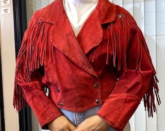 Chaqueta de ante rojo con flecos de los años 70 / Chaqueta de cuero con flecos estilo western para mujer / Chaqueta corta de ante vaquera vintage / Chaqueta de cuero hecha a mano