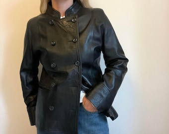 Women's Black Leather Jacket | Vintage Double Breasted Leather Coat | Retro Button Up Leather Blazer Jacket | Minimalist Leather Outerwear