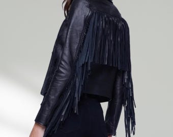 Women's Leather Fringe Jacket | Black Sheepskin Leather Jacket | Cowgirl Cropped Jacket | Western Festival Jacket | Gift for her