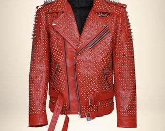 Men's Red Studded Leather Jacket: Handmade Biker Punk Rock Spikes Coat