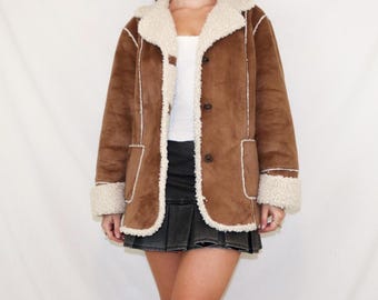 Vintage Brown Suede Shearling Jacket – Real Suede Leather Coat – 70s Aviator Suede Jacket Women - Retro Genuine Suede Overcoat