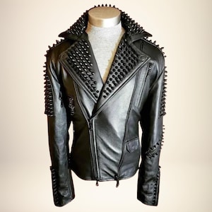 Men&#39;s Studded Leather Biker Jacket: Handcrafted Gothic Punk Rock Style