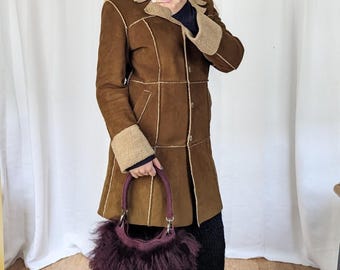 Vintage Brown Shearling Coat | Long Winter Trench Coat | 70s Boho Fur Coat | Women's Suede Leather Overcoat