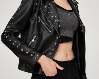 スタッズ付きブラックレザーバイカージャケット：パンクロックモト