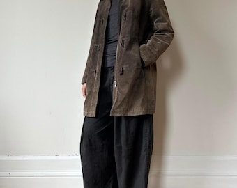 Women's Vintage Suede Leather Coat | Faux Fur Brown Suede Coat | 70s Shearling Collar Long Suede Jacket | Winter Suede Overcoat