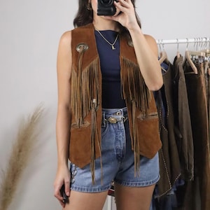 Women Vintage Suede Vest with Fringe | Brown 80s Suede Fringe Vest | Western Style Steampunk Jacket | Handmade Vest