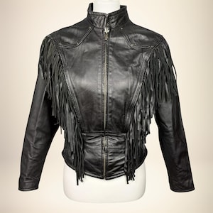 Handmade Black Fringe Leather Jacket: 80s Moto Cowgirl Style