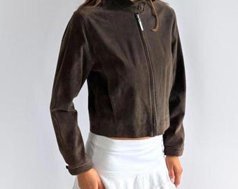 Women's Dark Brown Suede Jacket – Vintage Cropped Suede Leather Jacket - Minimalist Zip Up Suede Coat – Fall Winter Suede Leather Outerwear