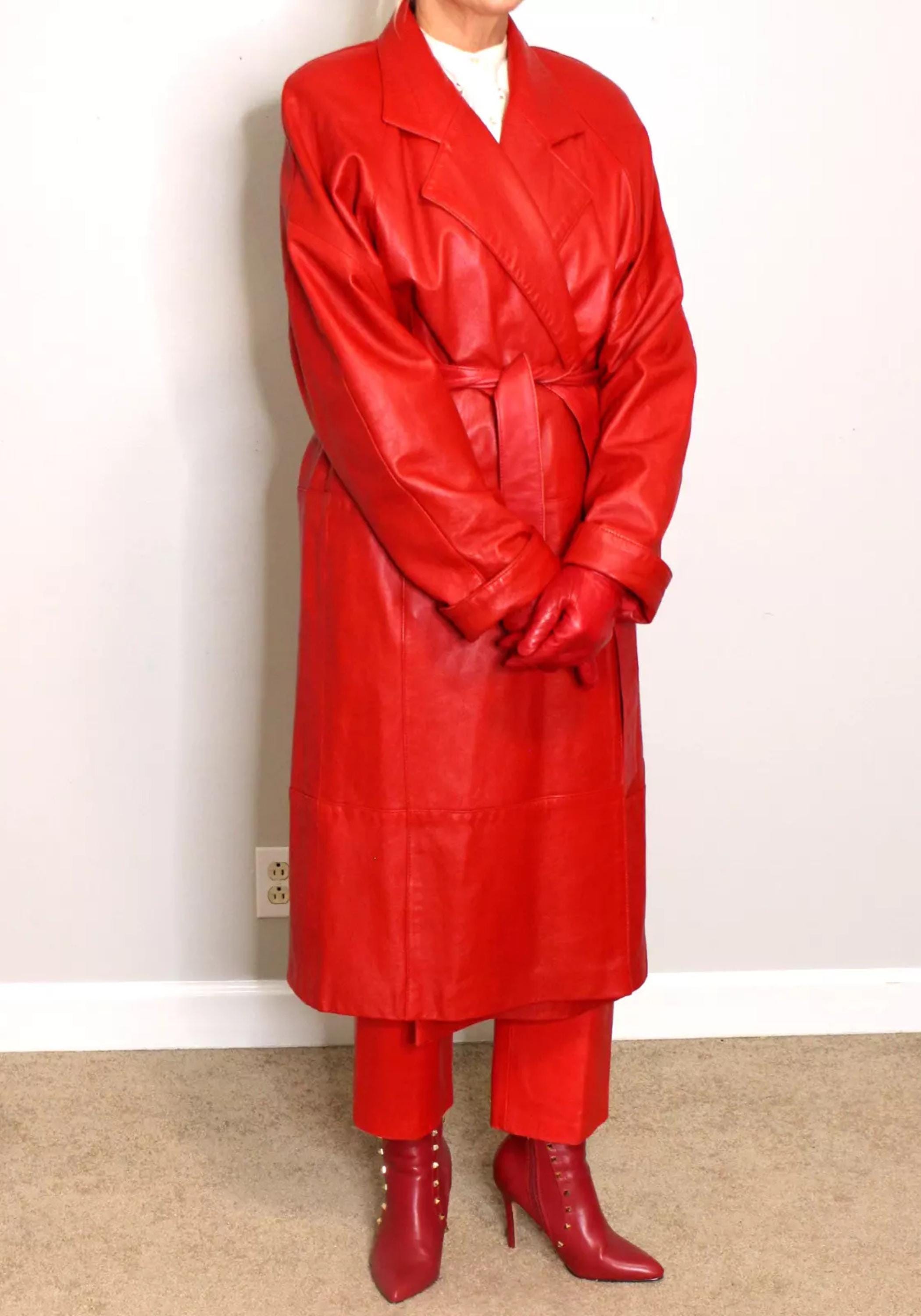 ヴィンテージレディースレッドレザートレンチコート - シープスキン