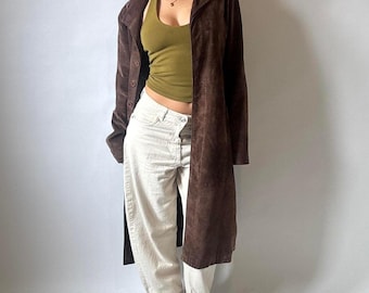 Vintage Suede Leather Long Coat | Chocolate Brown Suede Coat | 70s Y2k Bohemian Trench Coat | Suede Leather Women Coat