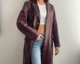 Vintage 90s Burgundy Leather Trench Coat | Real Long Leather Coat | Retro Full-Length Minimalist Coat For Women Long Overcoat
