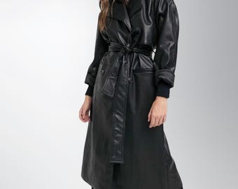 90s Black Leather Coat Women - Double Breasted Trench Coat Genuine Sheepskin Leather Long Fallout Military Coat