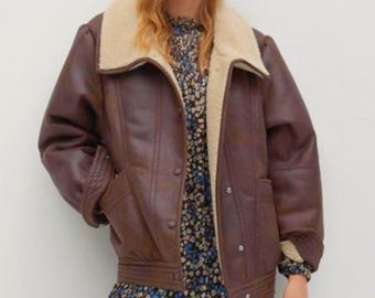 Women's B3 Bomber Shearling Jacket | Vintage Brown 90's Leather Jacket | Boho Aviator Jacket | Winter Jacket Women