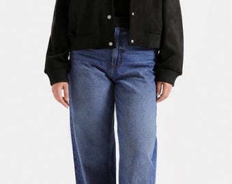 Blouson aviateur en daim noir vintage | Veste en daim rétro des années 70 | Veste en cuir bohème femme