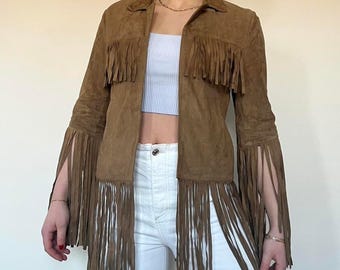 70er Jahre Braune Wildlederjacke Damen | Wildleder Fransenjacke im Western-Stil | Cowgirl Vintage Leder Oberbekleidung