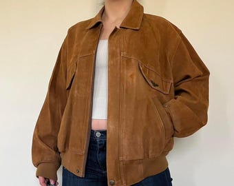 Vintage Suede Bomber Jacket Women | Oversized 70s Brown Suede Leather Jacket | Retro Bomber Jacket | Bohemian Suede Outerwear