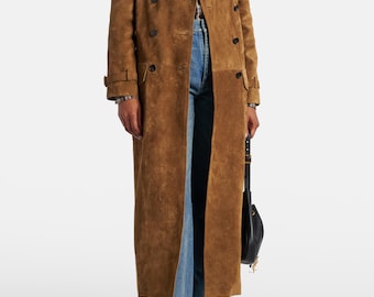 Women's Suede Leather Coat | Brown 70s Suede Trench Coat | Double Breasted Long Suede Coat | Belted Suede Long Coat