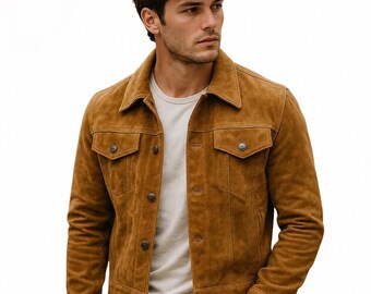 Brown Suede Trucker Jacket Men | 70s Suede Leather Jacket | Vintage Western Jacket Suede Coat | Gift For Him