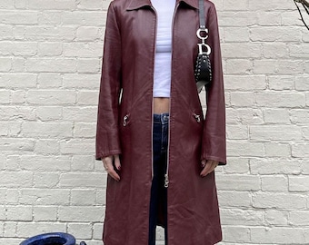 Handmade Burgundy Leather Trench Coat - Vintage Zip Up Leather Overcoat - 90s Genuine Leather Long Coat - Minimalist Leather Coat