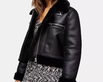 Women’s Black Shearling Jacket | Sheepskin Leather B3 Bomber Jacket | Fur Lined Aviator Jacket | Handmade Leather Outerwear