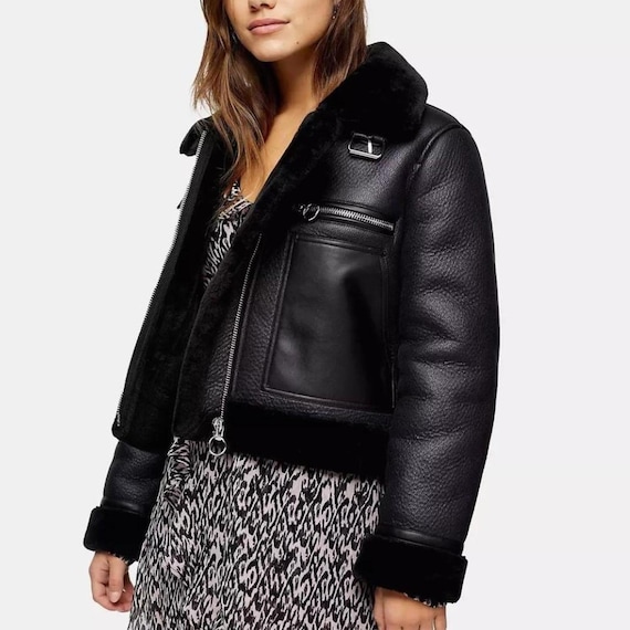 Women’s Black Shearling Jacket | Sheepskin Leather B3 Bomber Jacket | Fur Lined Aviator Jacket | Handmade Leather Outerwear