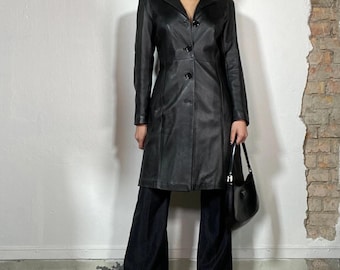 Women's Sheepskin Leather Long Coat – Vintage Black Leather Trench Coat | 90s Modern Leather Overcoat | Handmade Leather Coat