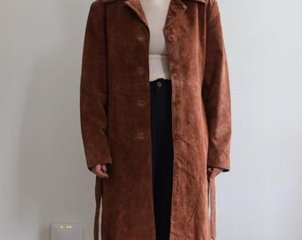 Vintage 1970s Brown Suede Trench Coat - Women Belted Long Leather Coat - Bohemian Long Suede Coat - Winter Fallout Coat