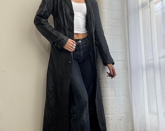Black Leather Trench Coat Women | Vintage Longline Leather Coat | Belted Real Leather Overcoat | 90s Minimalist Leather Long Coat