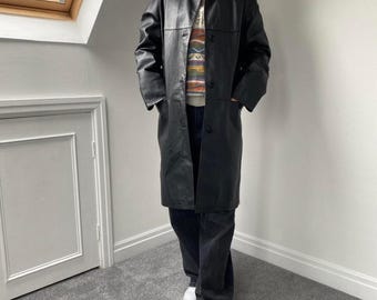 Women's Black Leather Coat - 90s Sheepskin Leather Trench Coat - Minimalist  Long Leather Jacket - Genuine Leather Overcoat