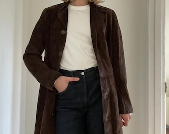 Vintage bruine suède leren jas | lange trenchcoat voor dames | Leren jas in boho-stijl | Suède jas jaren 70 | Cadeau voor haar