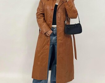 Women Brown Leather Trench Coat | Vintage 90s Leather Coat | Long Leather Overcoat | Handmade Sheepskin Leather Long Coat | Gift For Her