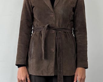 Vintage 70s Brown Suede Leather Jacket – Women's Belted Utility Suede Coat | Genuine Suede Leather Blazer | Fall Winter Suede Outerwear