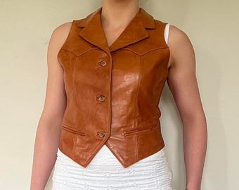 Women's Brown Leather Vest - Vintage Style Leather Waistcoat - Western Fitted Biker Vest - Sleeveless Leather Jacket Women