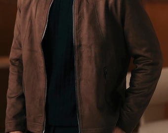 Men's Brown Suede Leather Jacket | Vintage Style Zip-Up Suede Jacket | 70s Boho Suede Coat | Handmade Leather Outerwear