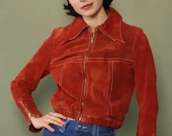 vintage en daim marron - Blouson aviateur en daim à glissière pour femme | Blouson en cuir véritable années 70 | Vêtements d'extérieur en daim faits main