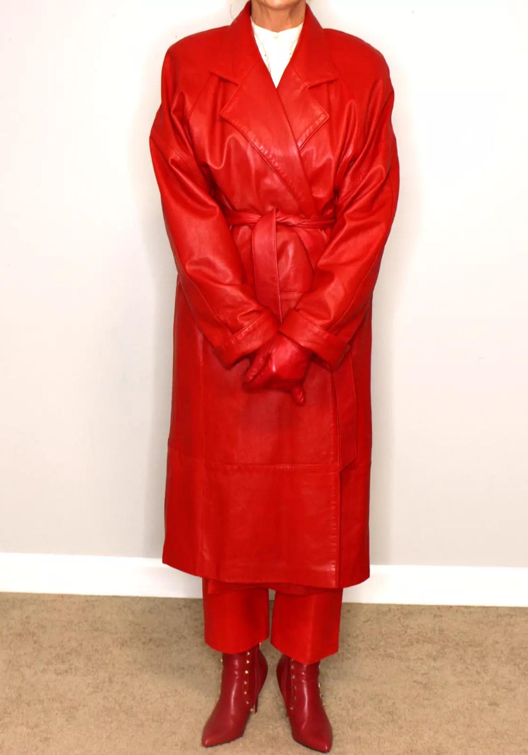 ヴィンテージレディースレッドレザートレンチコート - シープスキン