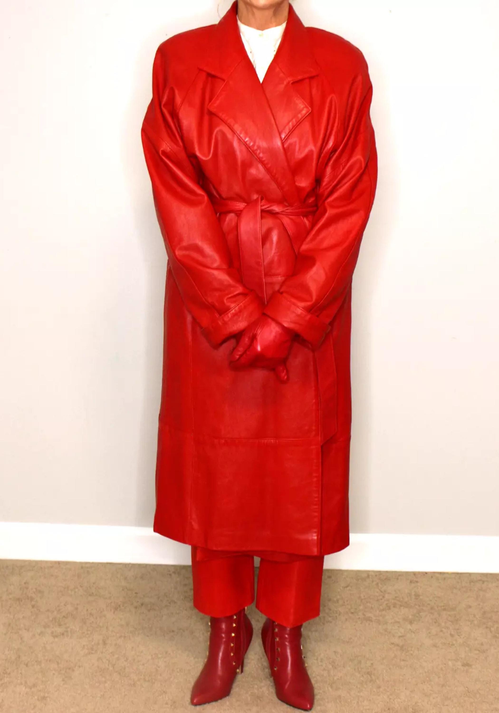 ヴィンテージレディースレッドレザートレンチコート - シープスキン