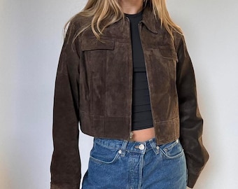 Women's 70s Suede Leather Jacket | Brown Cropped Suede Jacket | Retro Zip-Up Leather Jacket | Handmade Winter Outerwear