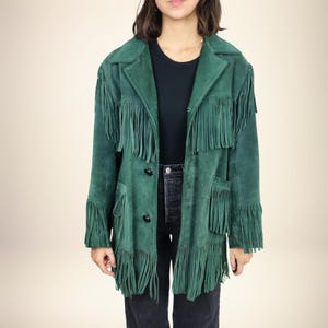 Suede Leather Fringe Jacket for Women | Western Green Suede Jacket | Vintage 70s Handmade Retro Festival Jacket