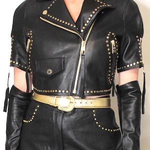 Women&#39;s Black Studded Jacket | Short Sleeves Cropped Leather Jacket | Golden Stud Gothic Jacket | Handmade Rocker Festival Jakcet