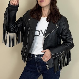 Vintage 80s Women Fringe Jacket | Genuine Sheepskin Fringe Leather Jacket | Western Style Black Festival Outerwear